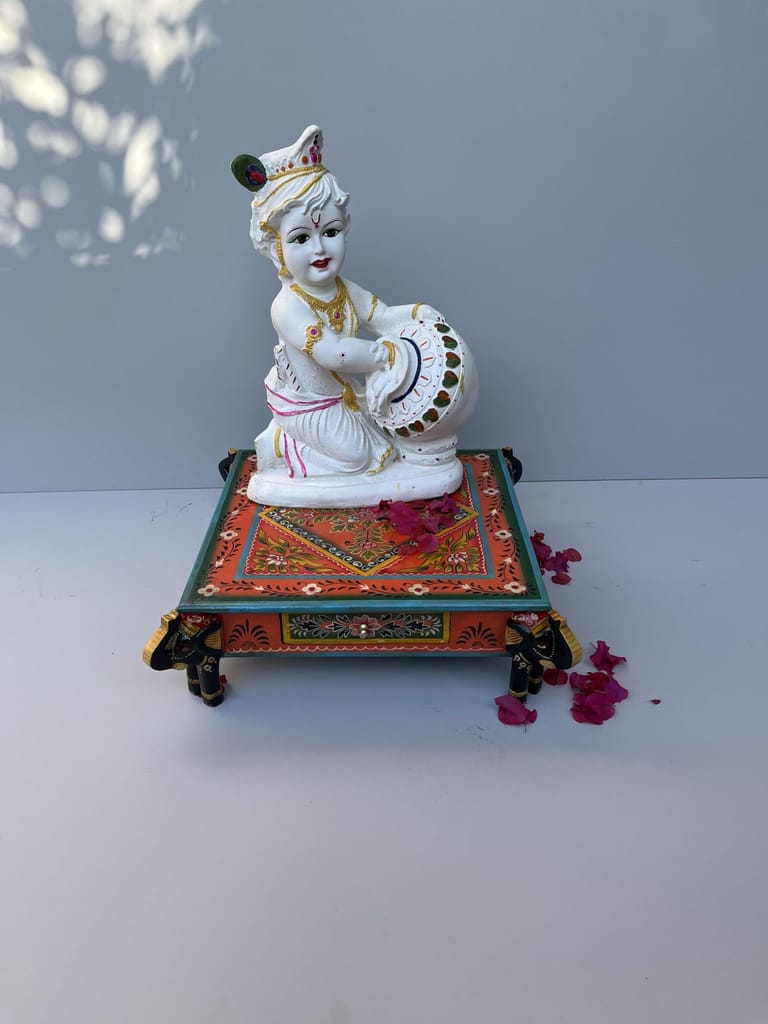 Handcrafted Wooden Elephant Choki Bajot Table with Brass Accents, (Multicolour)