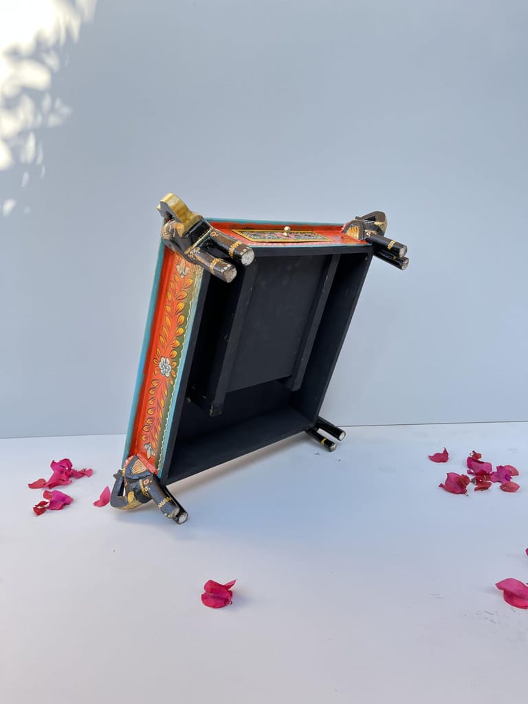 Handcrafted Wooden Elephant Choki Bajot Table with Brass Accents, (Multicolour)