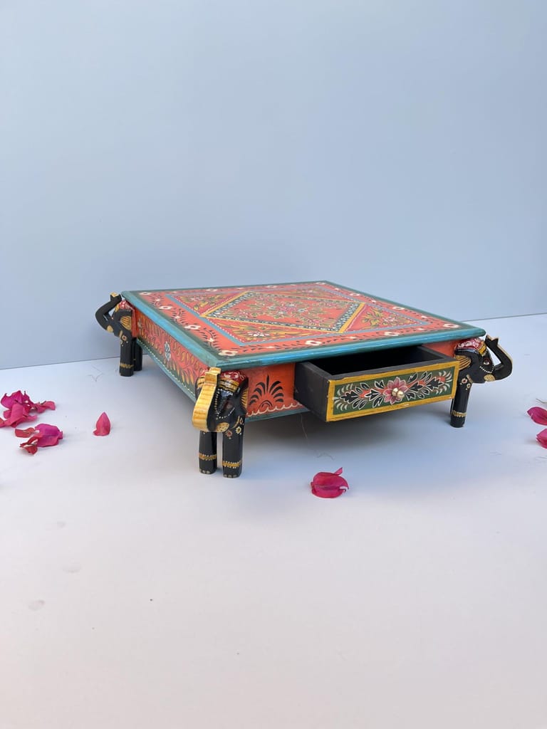 Handcrafted Wooden Elephant Choki Bajot Table with Brass Accents, (Multicolour)