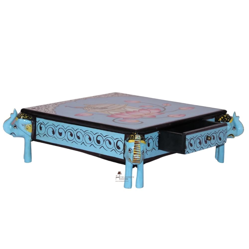 Hand-Painted Wooden Choki Bajot Table for Pooja Room, 47x47x14 cm, Elephant Legs, Peacock & Lotus Design