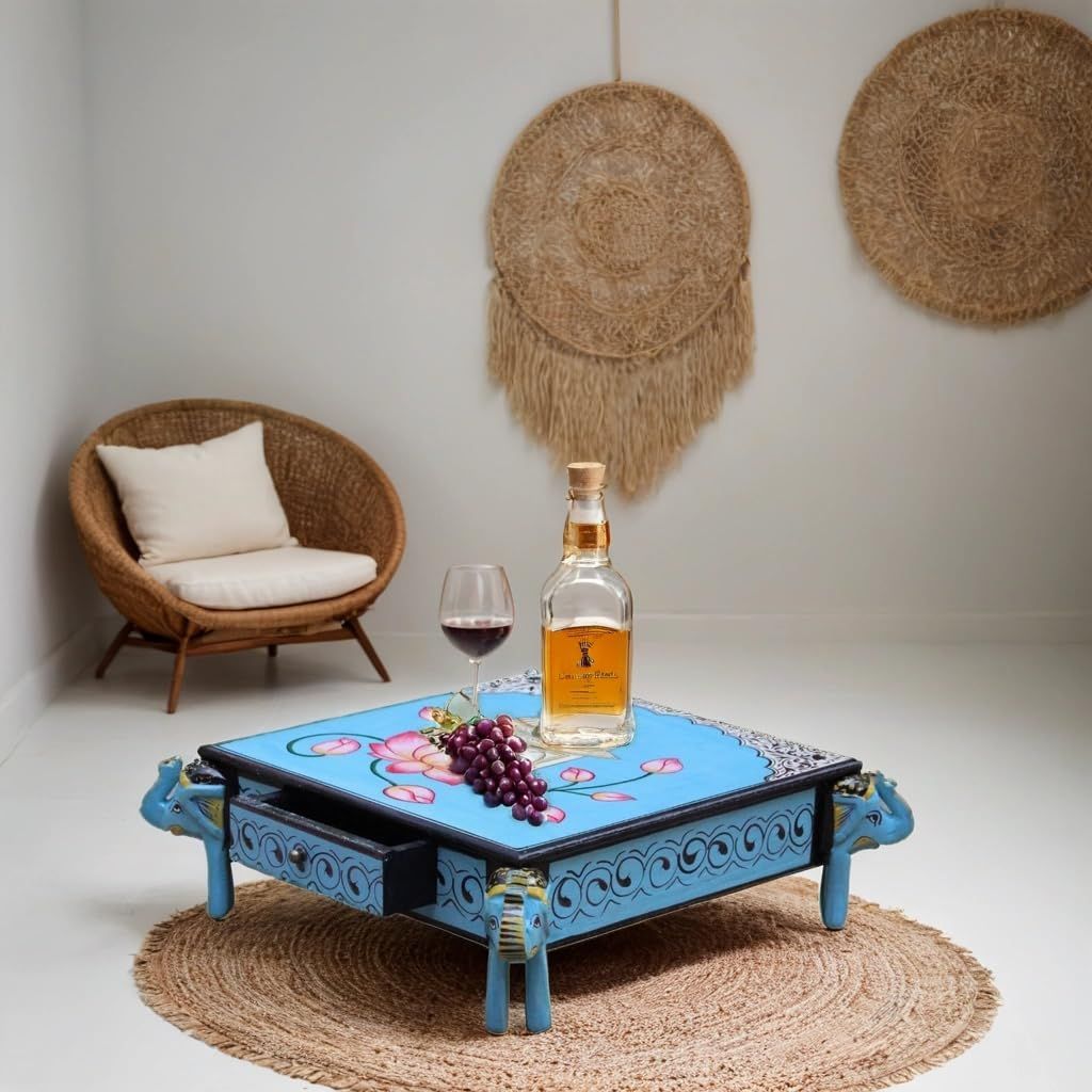 Hand-Painted Wooden Choki Bajot Table for Pooja Room, 47x47x14 cm, Elephant Legs, Peacock & Lotus Design