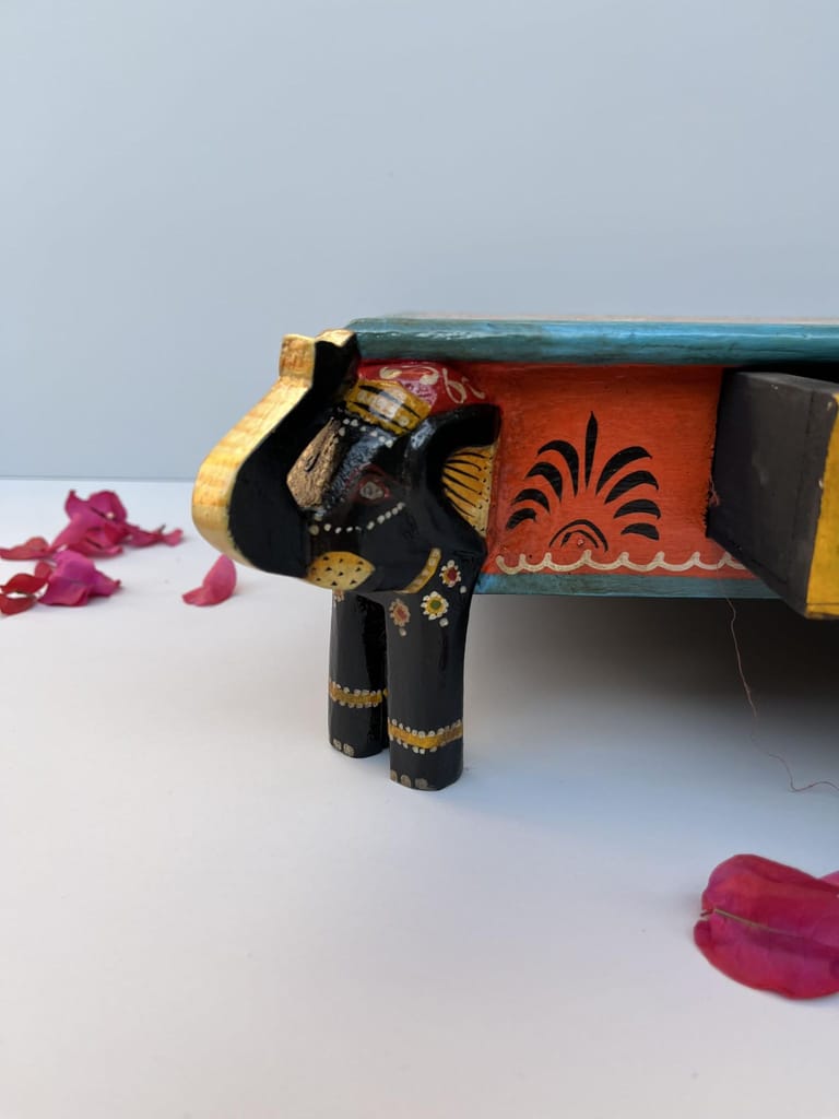 Handcrafted Wooden Elephant Choki Bajot Table with Brass Accents, (Multicolour)