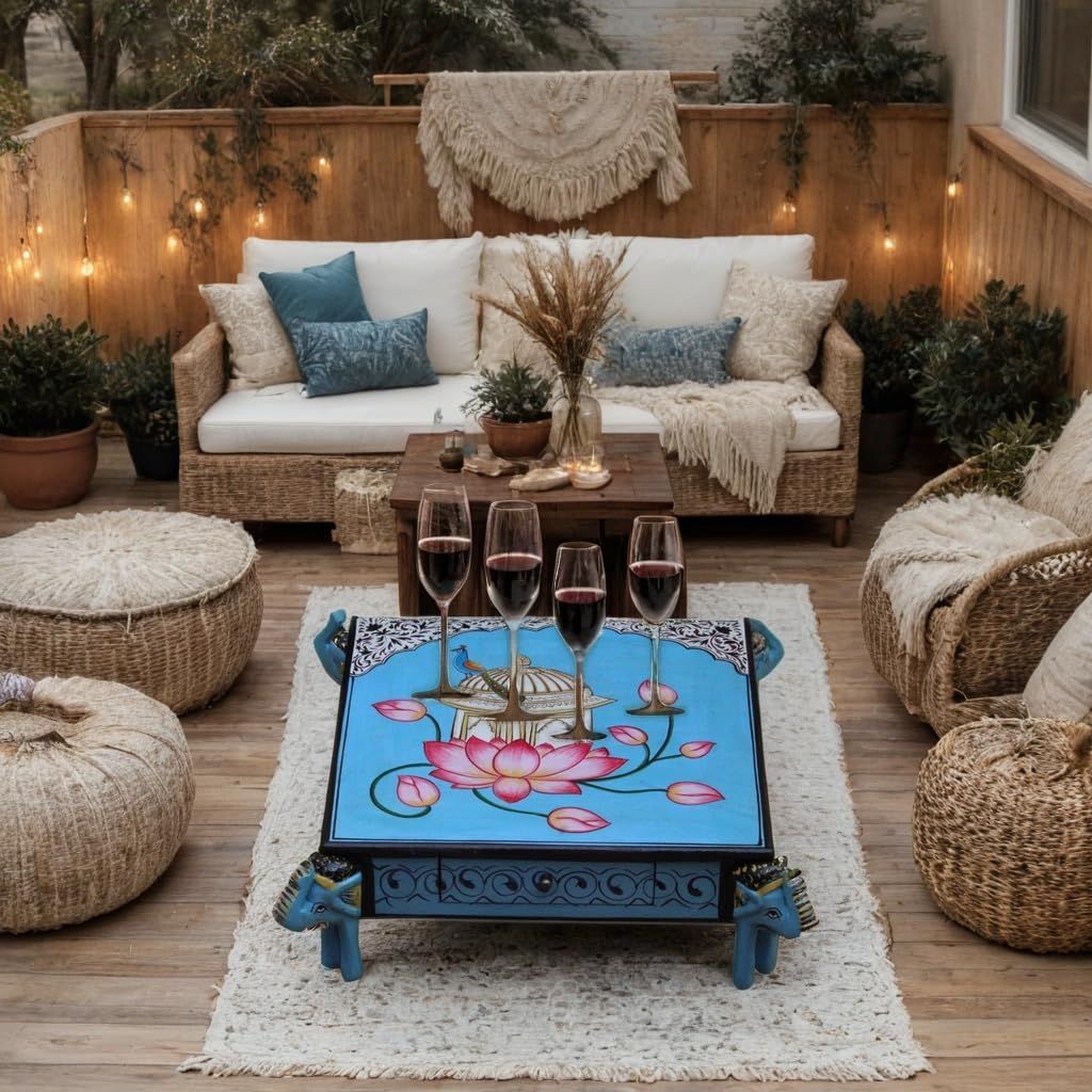 Hand-Painted Wooden Choki Bajot Table for Pooja Room, 47x47x14 cm, Elephant Legs, Peacock & Lotus Design