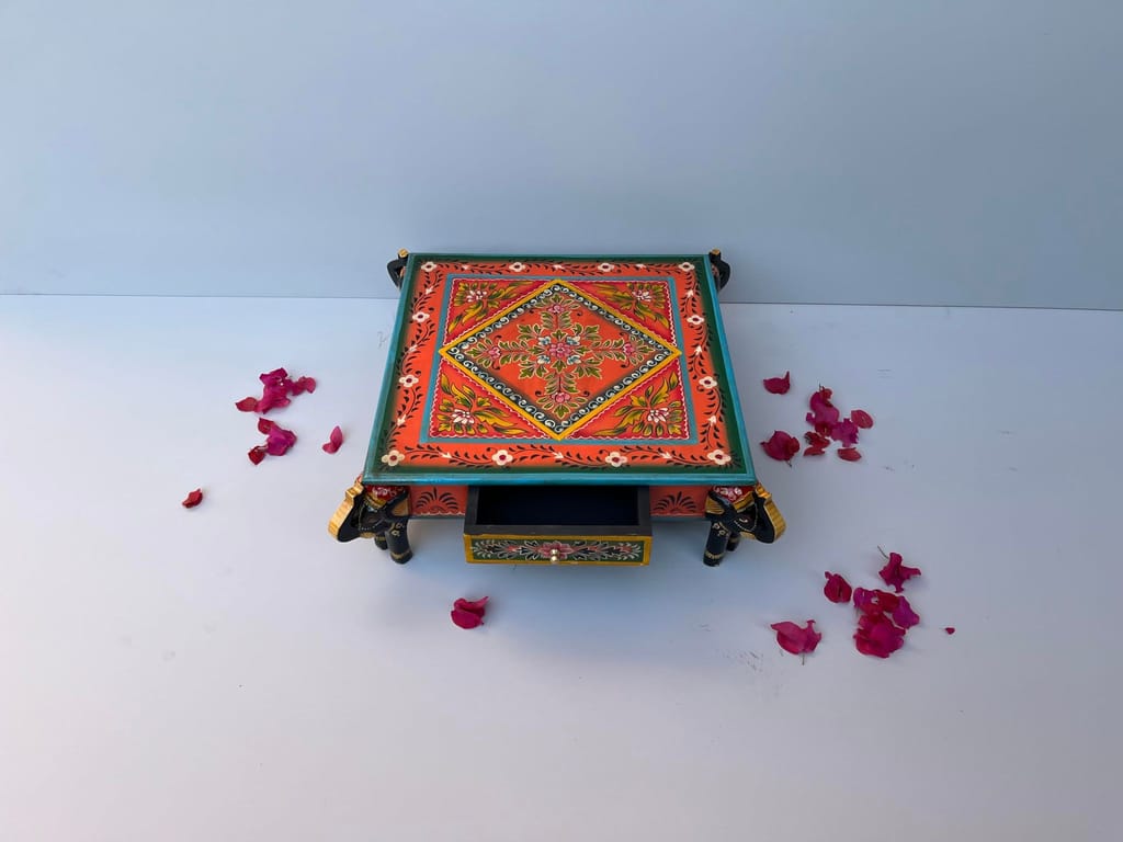 Handcrafted Wooden Elephant Choki Bajot Table with Brass Accents, (Multicolour)