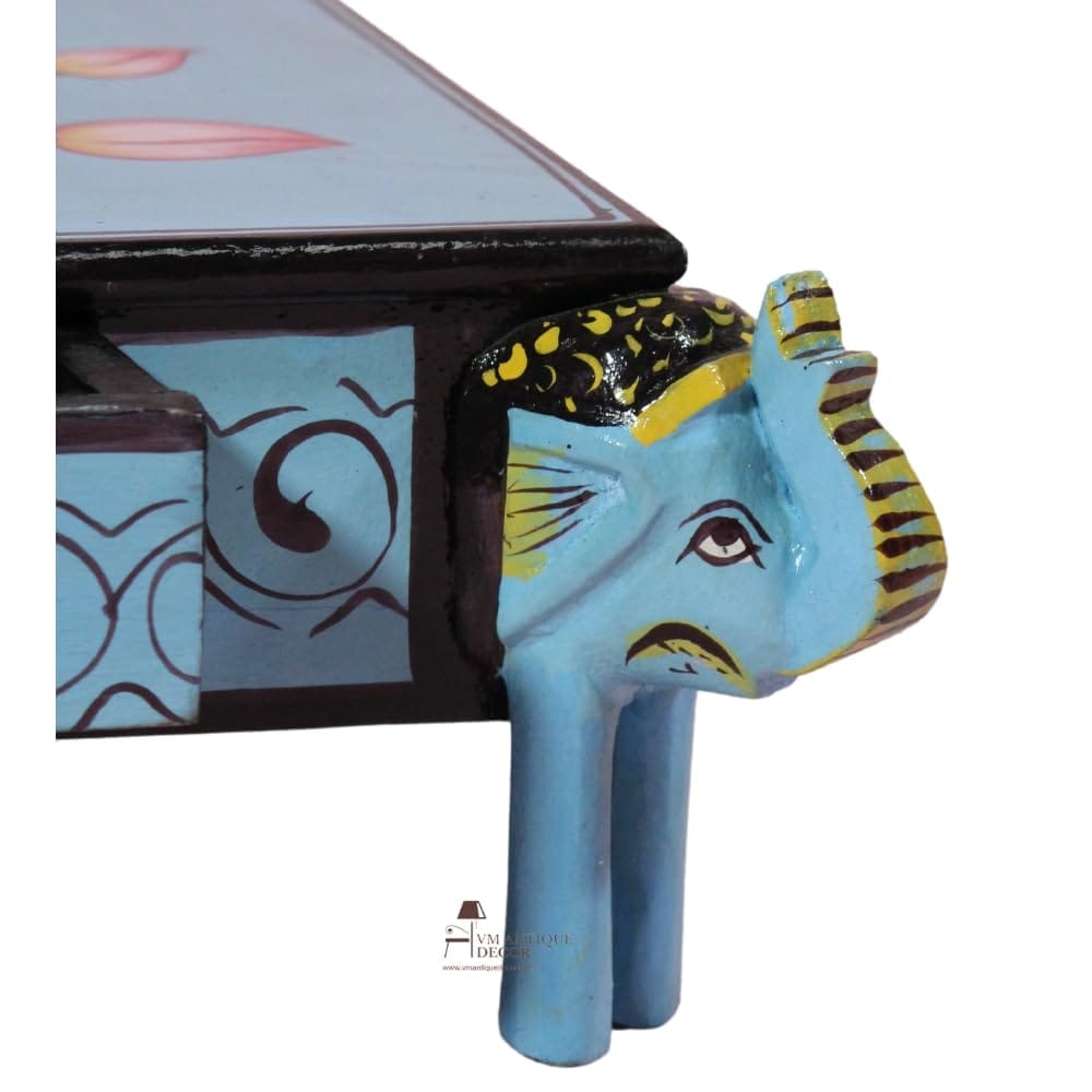 Hand-Painted Wooden Choki Bajot Table for Pooja Room, 47x47x14 cm, Elephant Legs, Peacock & Lotus Design
