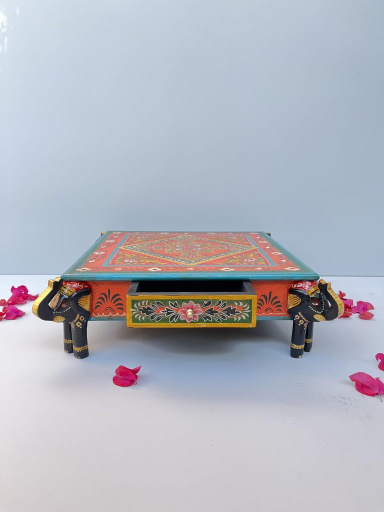Handcrafted Wooden Elephant Choki Bajot Table with Brass Accents, (Multicolour)