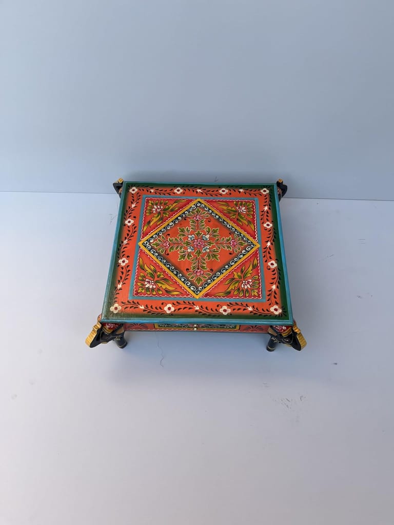 Handcrafted Wooden Elephant Choki Bajot Table with Brass Accents, (Multicolour)