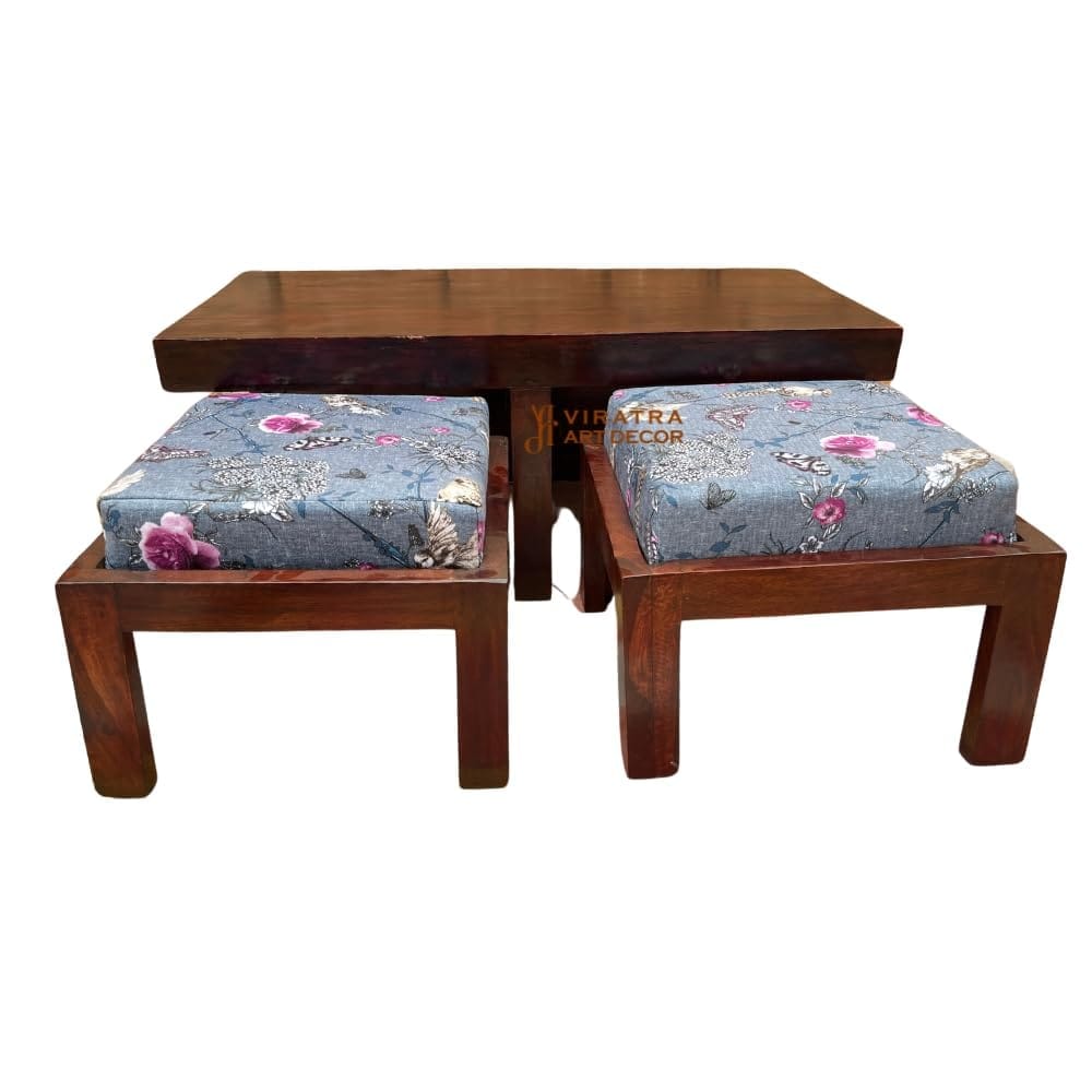 Seasam Wooden Coffee Table Set with Cushioned Stools Perfect for Sitting Table, Playroom Table, Dining Table with 2 Stool