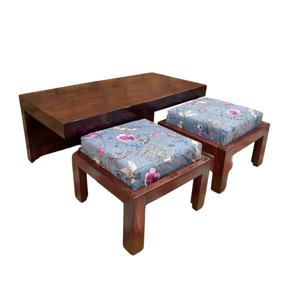 Seasam Wooden Coffee Table Set with Cushioned Stools Perfect for Sitting Table, Playroom Table, Dining Table with 2 Stool