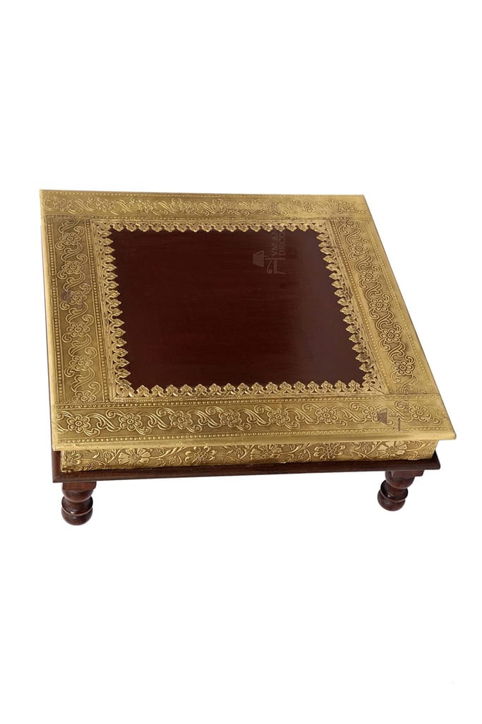 Handcrafted Wooden Brass Chowki Table, 46x46x16 cm, Traditional Decorative Platform