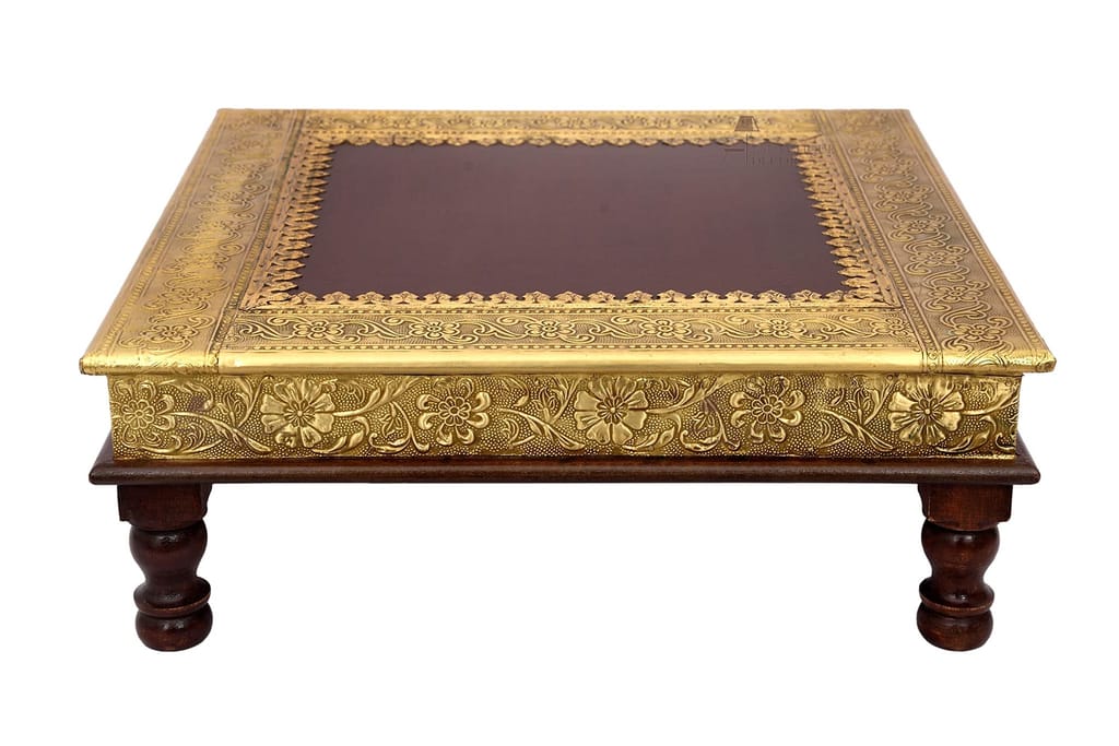 Handcrafted Wooden Brass Chowki Table, 46x46x16 cm, Traditional Decorative Platform