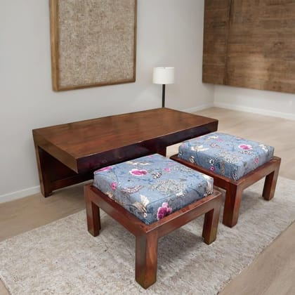 Seasam Wooden Coffee Table Set with Cushioned Stools Perfect for Sitting Table, Playroom Table, Dining Table with 2 Stool