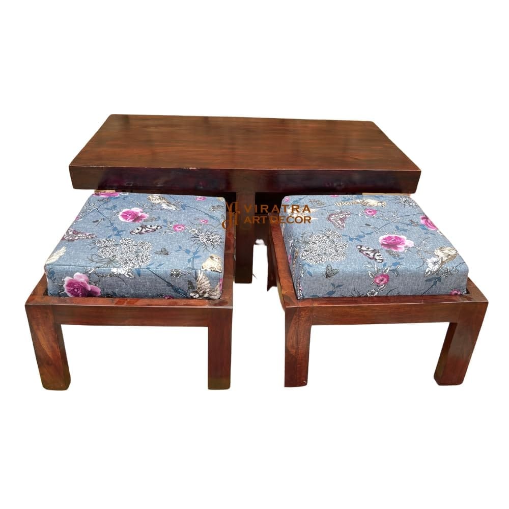 Seasam Wooden Coffee Table Set with Cushioned Stools Perfect for Sitting Table, Playroom Table, Dining Table with 2 Stool