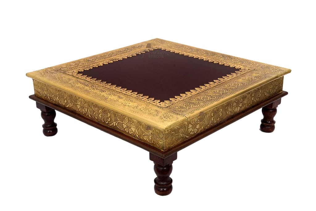 Handcrafted Wooden Brass Chowki Table, 46x46x16 cm, Traditional Decorative Platform