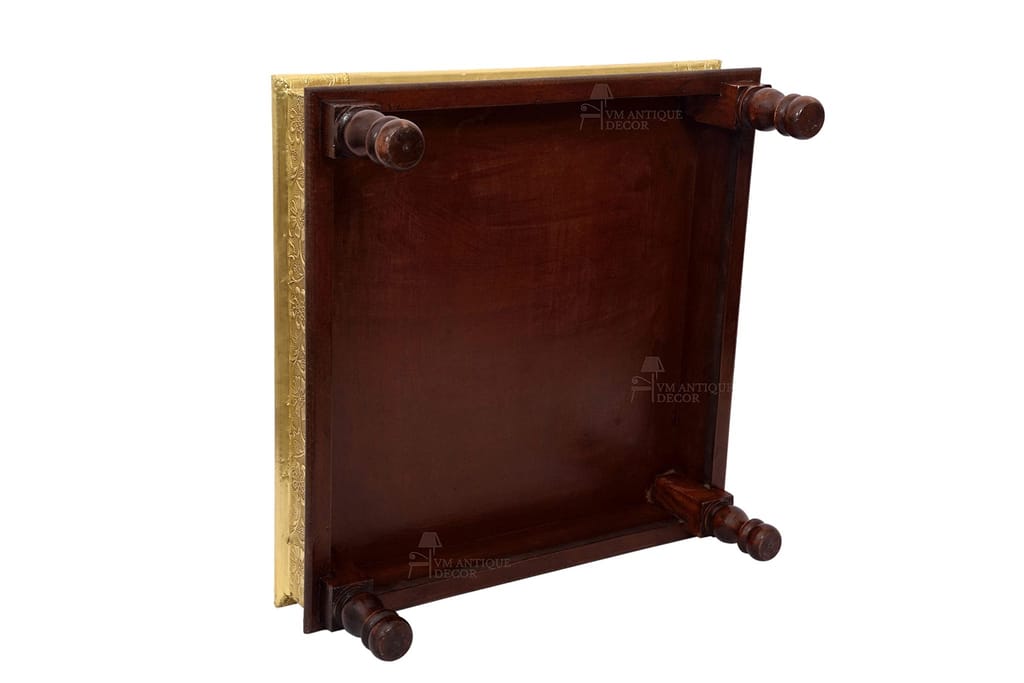 Handcrafted Wooden Brass Chowki Table, 46x46x16 cm, Traditional Decorative Platform