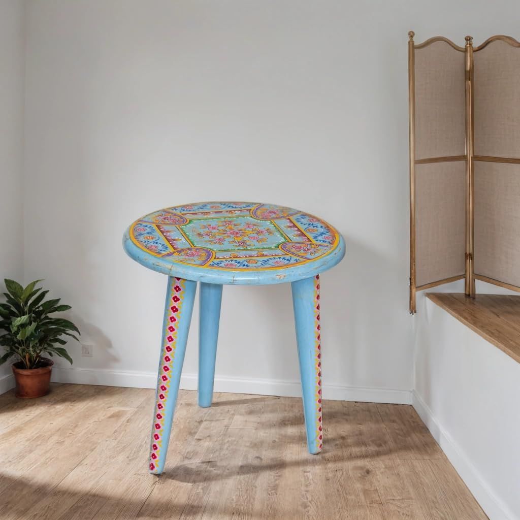 Wooden Painted Round Stool, Side Table, Mengo Wood, Antique, Foldable, Coffee Table, End Table, Tea Table, Plant Stand Perfect for Decor