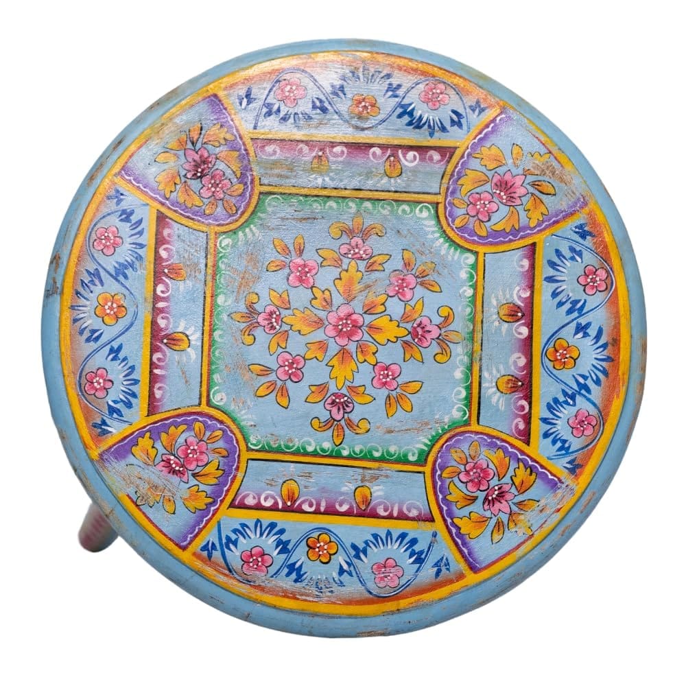 Wooden Painted Round Stool, Side Table, Mengo Wood, Antique, Foldable, Coffee Table, End Table, Tea Table, Plant Stand Perfect for Decor