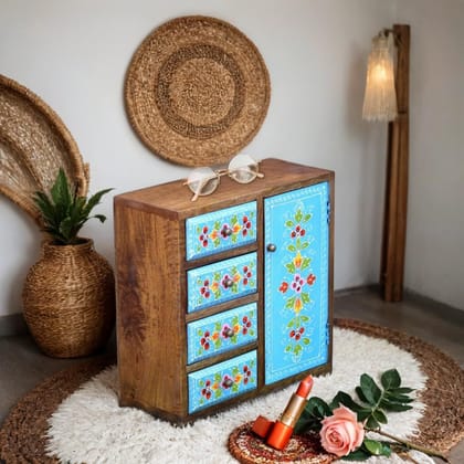 Wooden Jewelry Cabinet with Hand-Painted Floral Design,Chest Of Drawer
