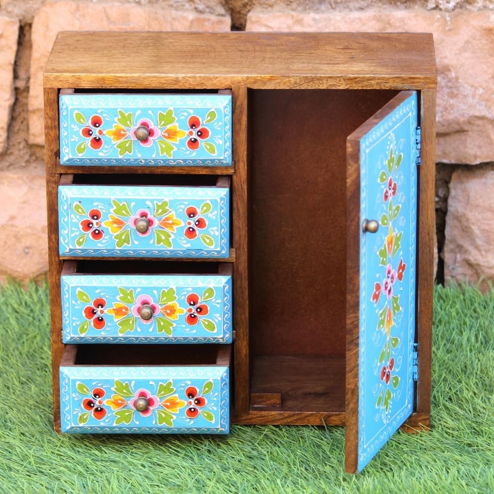 Wooden Jewelry Cabinet with Hand-Painted Floral Design,Chest Of Drawer
