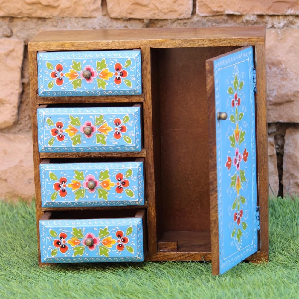 Wooden Jewelry Cabinet with Hand-Painted Floral Design,Chest Of Drawer