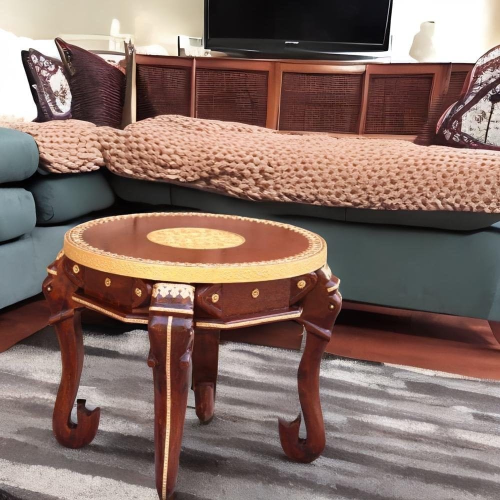 Handcrafted Wooden Elephant Table with Brass Inlay, Coffe Table for Home Decor