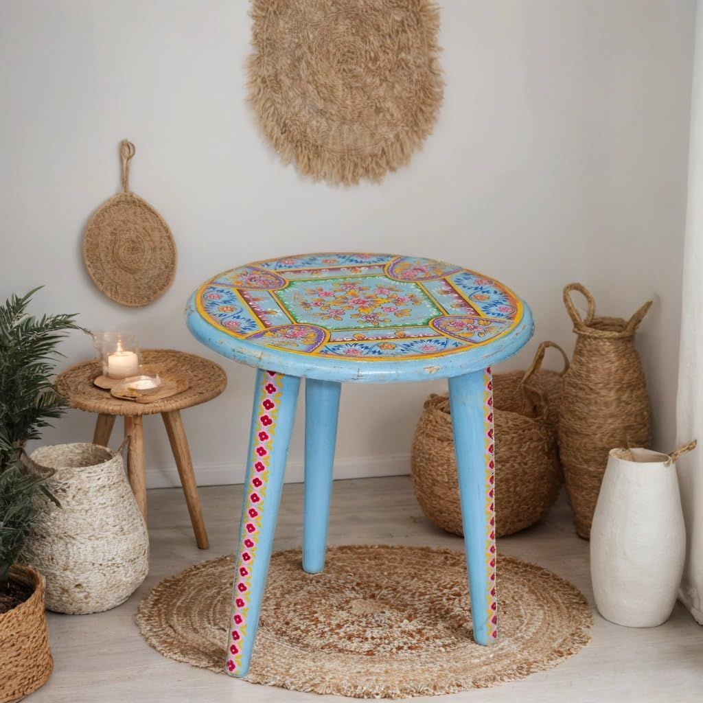 Wooden Painted Round Stool, Side Table, Mengo Wood, Antique, Foldable, Coffee Table, End Table, Tea Table, Plant Stand Perfect for Decor