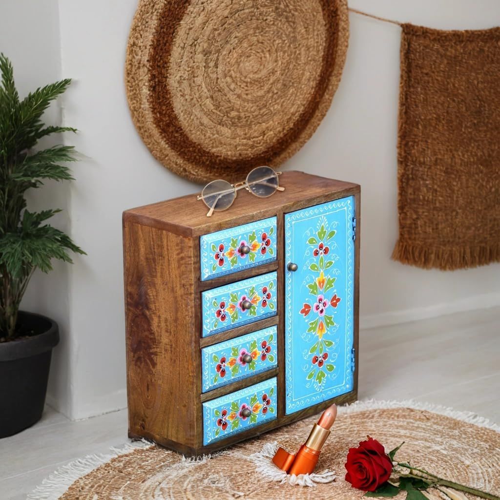 Wooden Jewelry Cabinet with Hand-Painted Floral Design,Chest Of Drawer