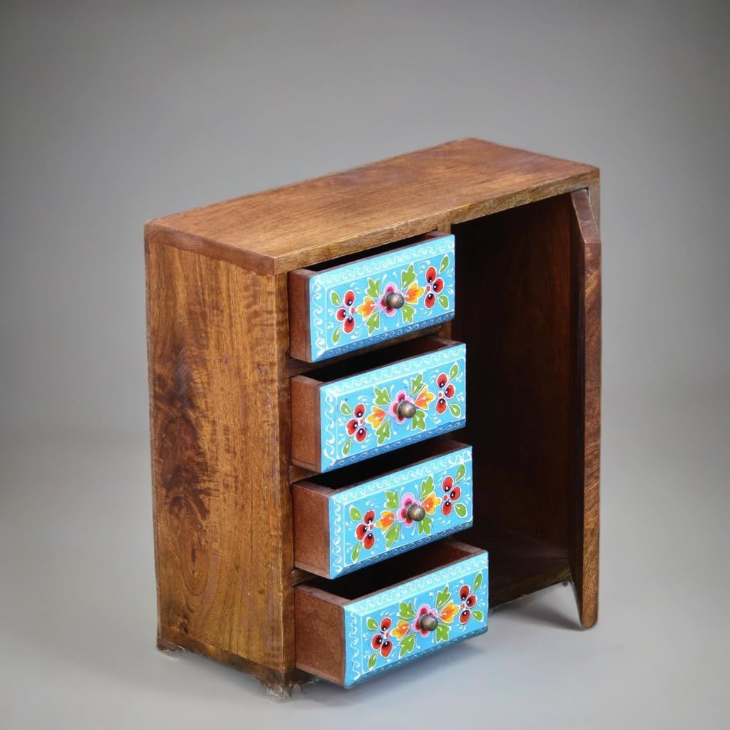 Wooden Jewelry Cabinet with Hand-Painted Floral Design,Chest Of Drawer