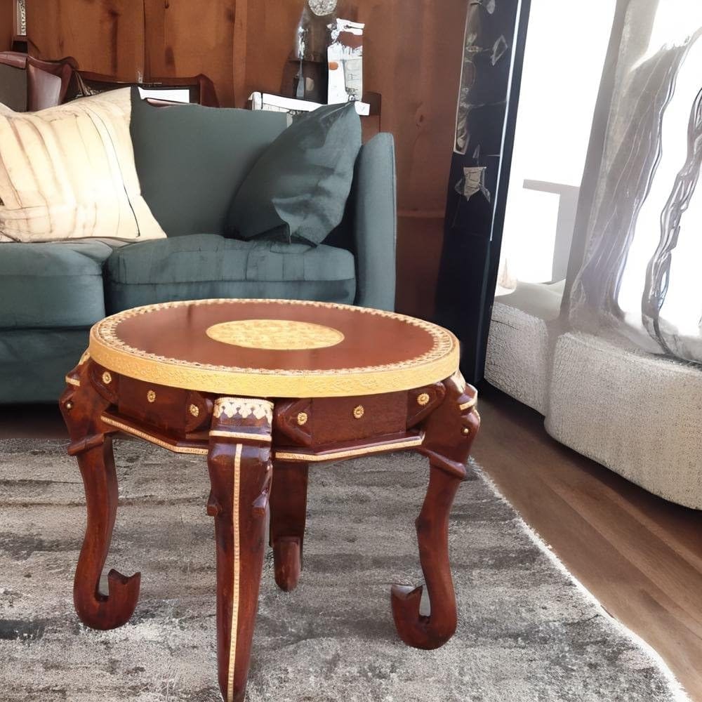 Handcrafted Wooden Elephant Table with Brass Inlay, Coffe Table for Home Decor
