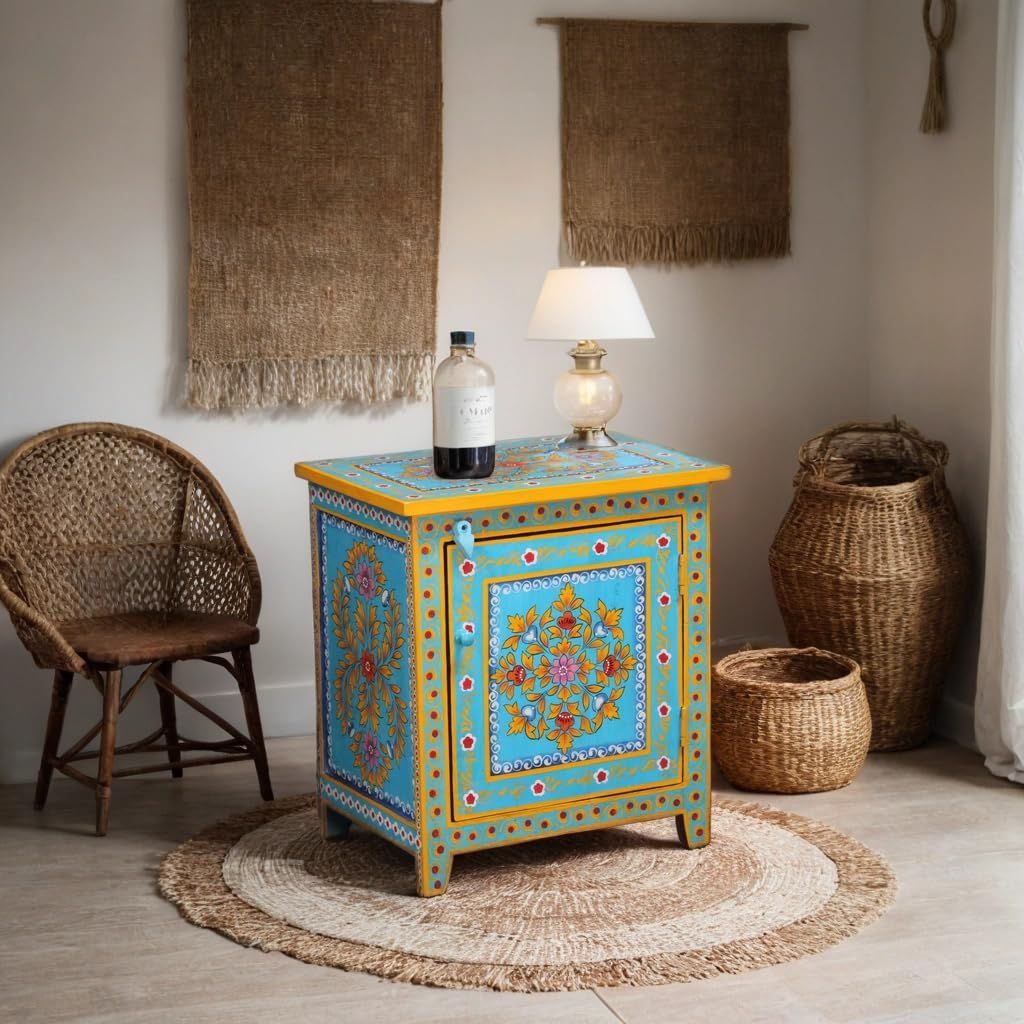 Rustic Hand-Painted Wooden Side Cabinet Perfect for a Bedside Table in Your Bedroom or as an Accent Cabinet Beside a Hall-Side Sofa