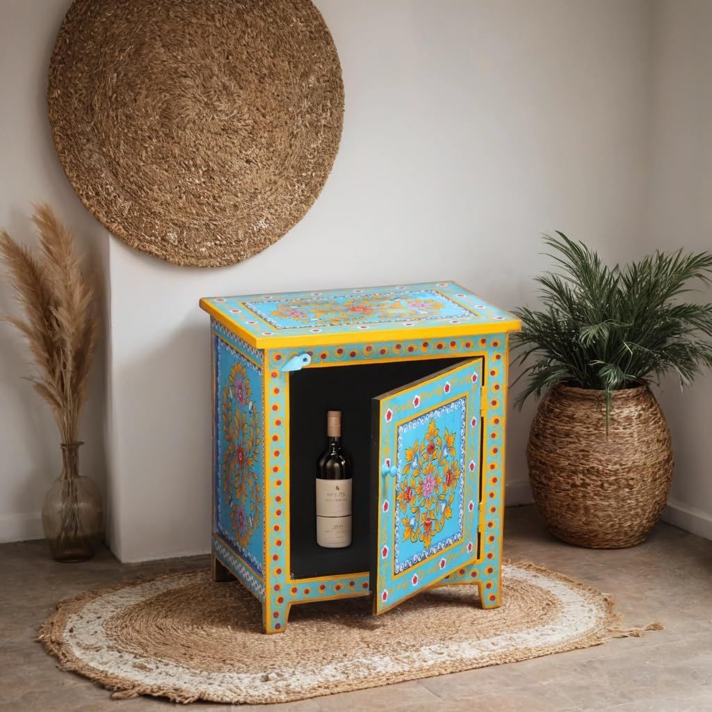 Rustic Hand-Painted Wooden Side Cabinet Perfect for a Bedside Table in Your Bedroom or as an Accent Cabinet Beside a Hall-Side Sofa