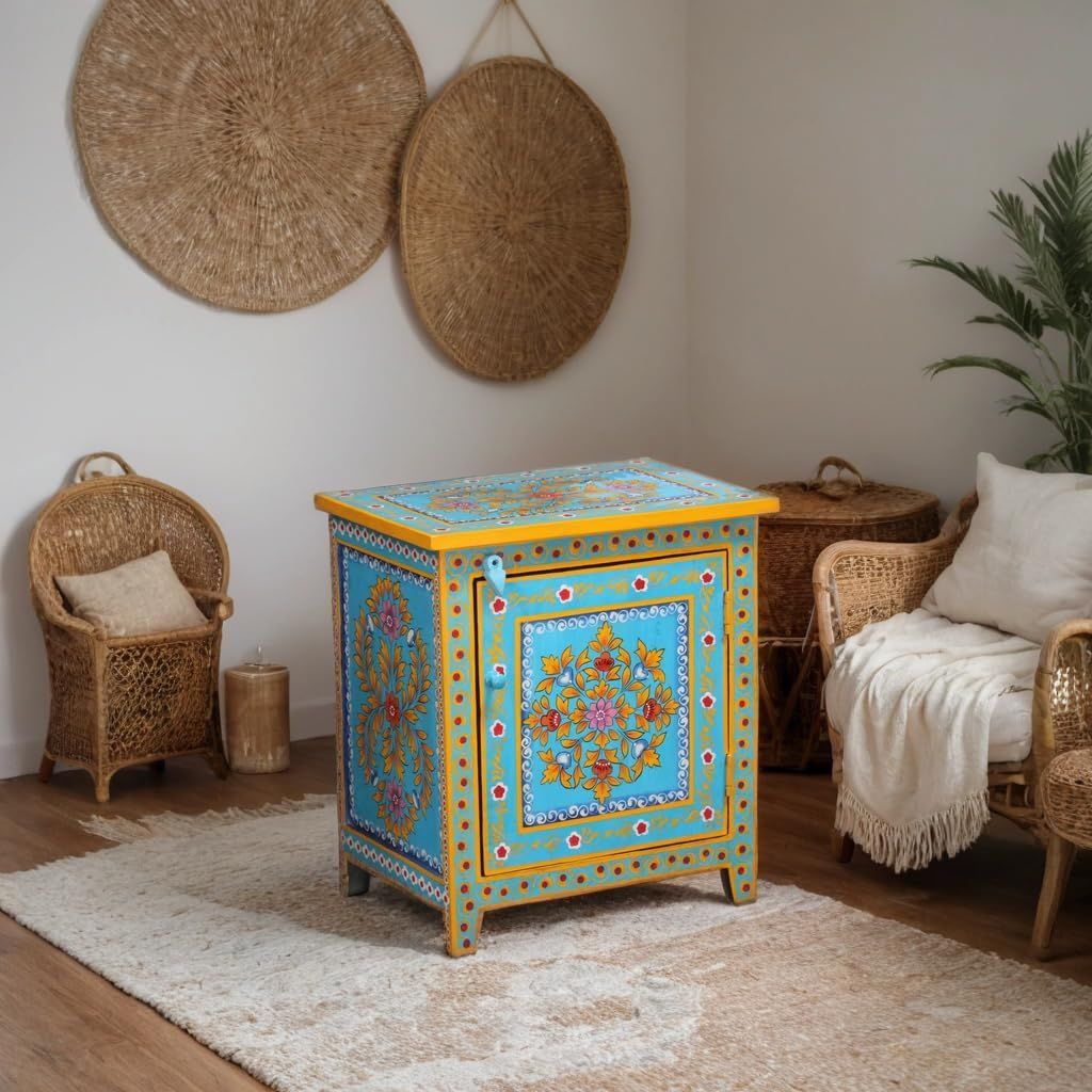 Rustic Hand-Painted Wooden Side Cabinet Perfect for a Bedside Table in Your Bedroom or as an Accent Cabinet Beside a Hall-Side Sofa