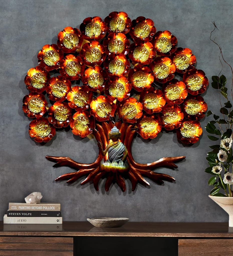 Iron Handicraft Buddha Tree Wall Decor, 102x6x102 cm, LED Lighting Illuminated Design for Living Room/Bedroom/Dining Hall/Office/Hotels.