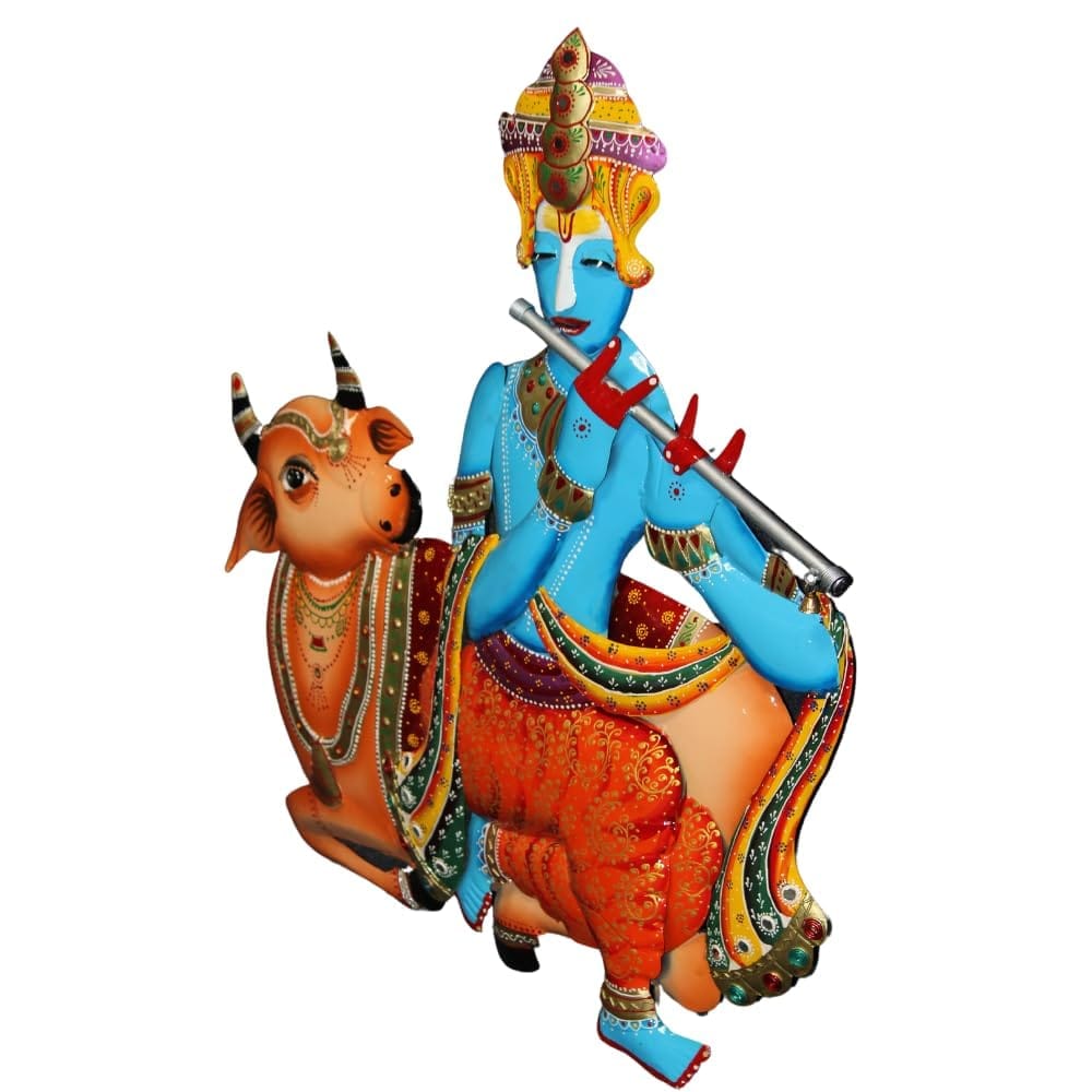 Metal hand painted Divine Decor Krishna with Cow Wall Art Perfect For Wall decor