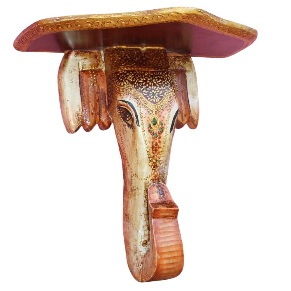 Hand-Painted Wooden Elephant Wall Shelf, 38x19x38 cm, Decorative Elephant Trunk Wall Accent
