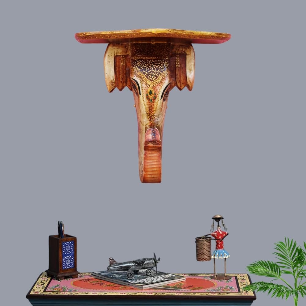 Hand-Painted Wooden Elephant Wall Shelf, 38x19x38 cm, Decorative Elephant Trunk Wall Accent