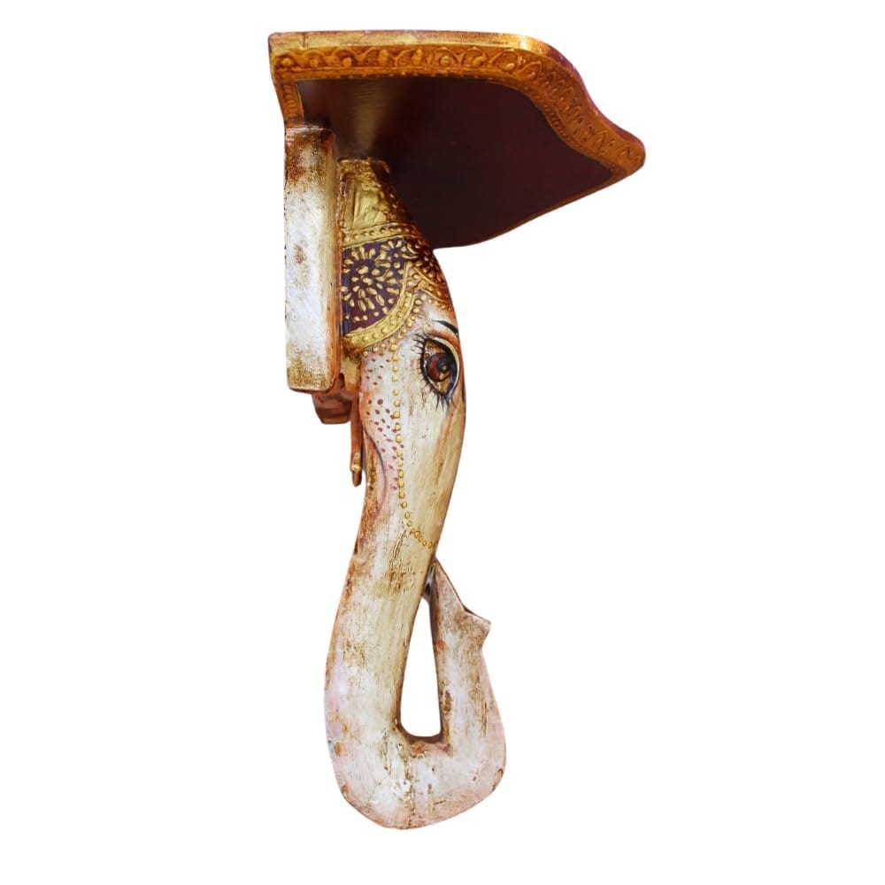 Hand-Painted Wooden Elephant Wall Shelf, 38x19x38 cm, Decorative Elephant Trunk Wall Accent