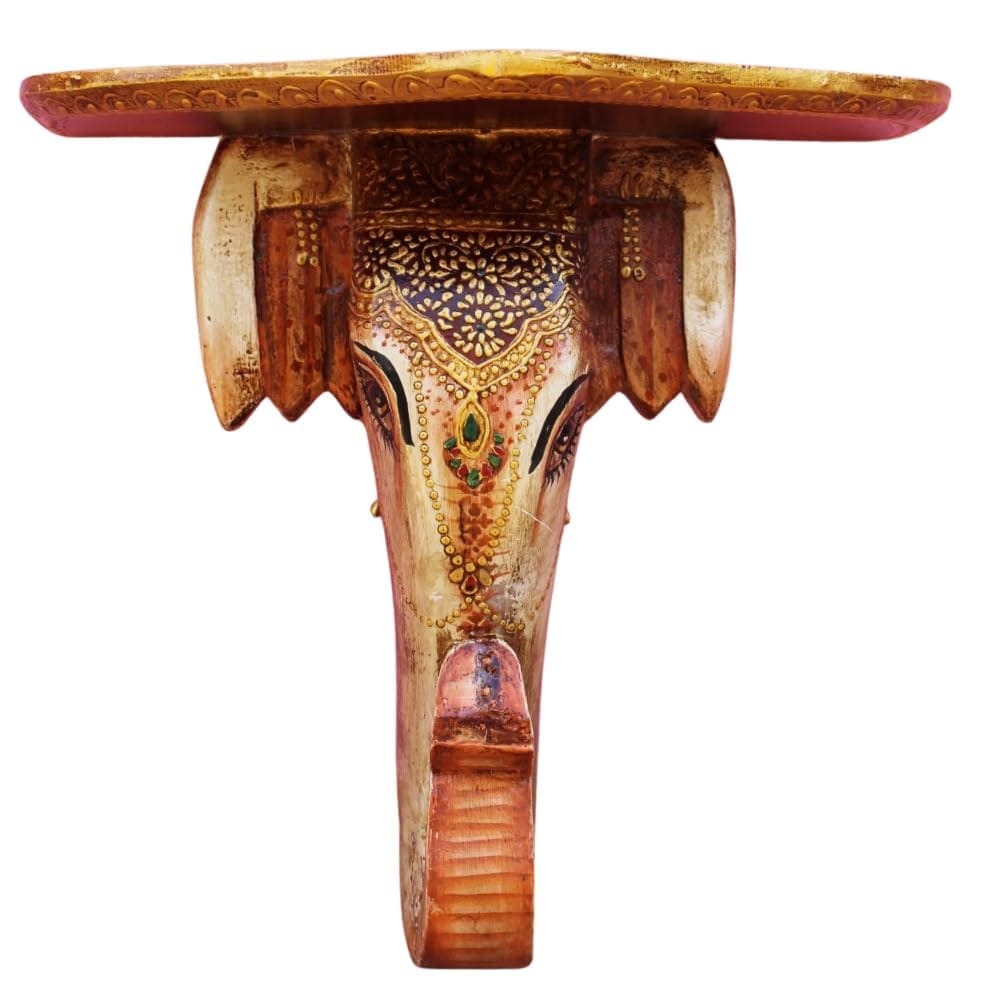 Hand-Painted Wooden Elephant Wall Shelf, 38x19x38 cm, Decorative Elephant Trunk Wall Accent