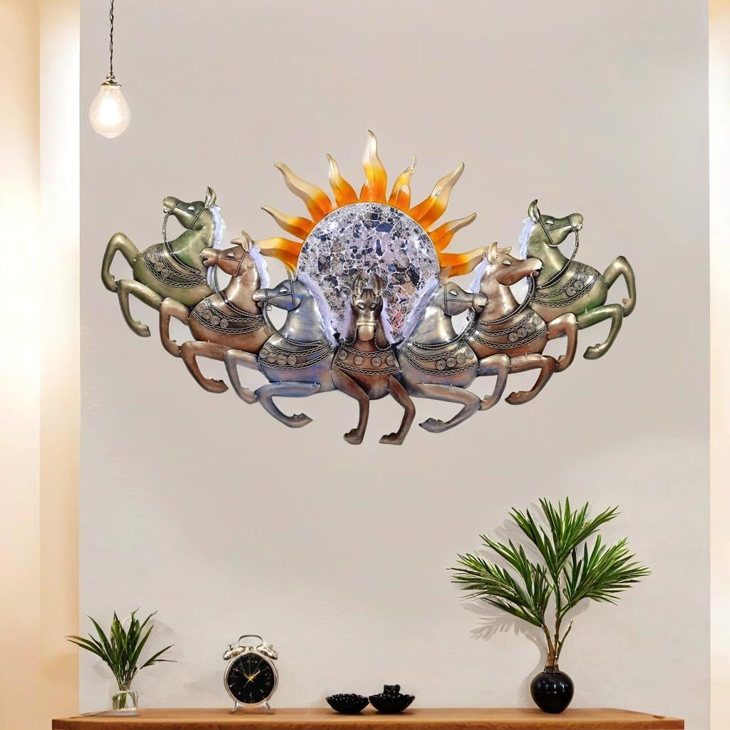 Metal Wall Decor Sun Chariot with Horses LED Backlight, 117x66x8 cm, Handcrafted, Backlit Design for Living Room/Bedroom/Dining Hall/Office/Hotels