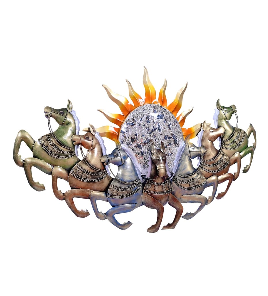 Metal Wall Decor Sun Chariot with Horses LED Backlight, 117x66x8 cm, Handcrafted, Backlit Design for Living Room/Bedroom/Dining Hall/Office/Hotels