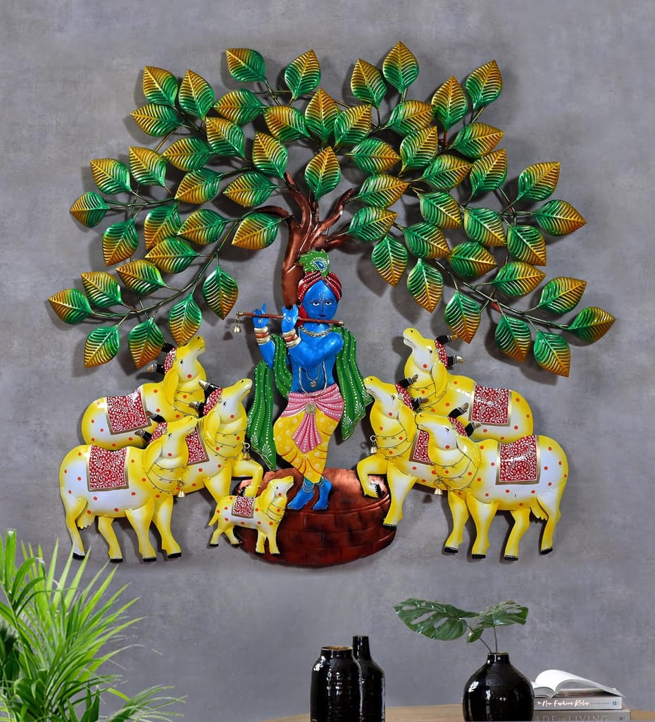 Wall Hanging Radha Krishna Cow Under Tree with LED Light Wall Decor Art Sculpture, Home Decor For Living Room/Bedroom/Dining Hall/Office/Hotels Decor