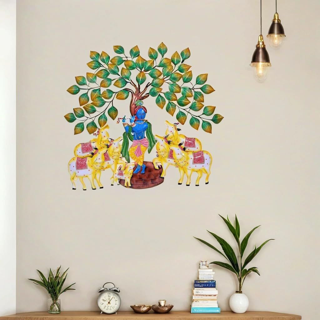 Wall Hanging Radha Krishna Cow Under Tree with LED Light Wall Decor Art Sculpture, Home Decor For Living Room/Bedroom/Dining Hall/Office/Hotels Decor