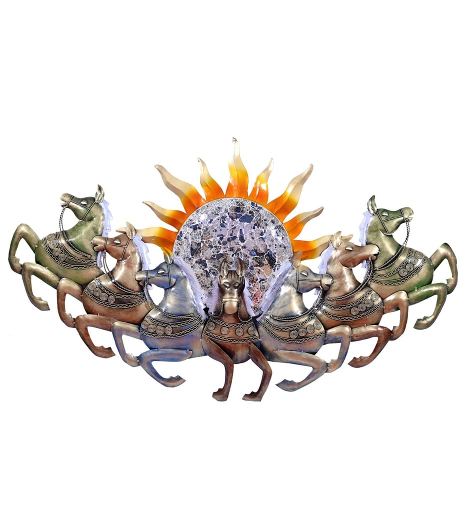 Metal Wall Decor Sun Chariot with Horses LED Backlight, 117x66x8 cm, Handcrafted, Backlit Design for Living Room/Bedroom/Dining Hall/Office/Hotels