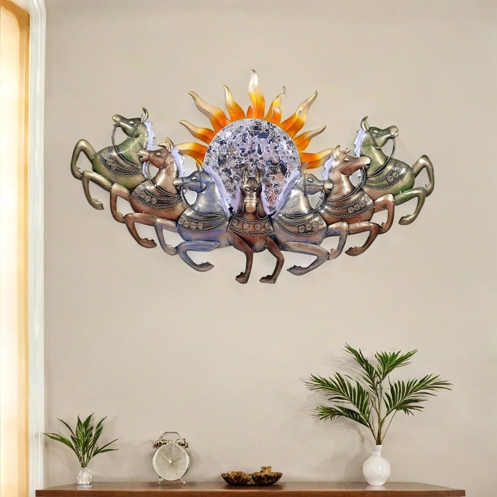 Metal Wall Decor Sun Chariot with Horses LED Backlight, 117x66x8 cm, Handcrafted, Backlit Design for Living Room/Bedroom/Dining Hall/Office/Hotels