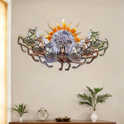 Metal Wall Decor Sun Chariot with Horses LED Backlight, 117x66x8 cm, Handcrafted, Backlit Design for Living Room/Bedroom/Dining Hall/Office/Hotels Metal Wall Decor Sun Chariot with Horses LED Backlight, 117x66x8 cm, Handcrafted, Backlit Design for Living Room/Bedroom/Dining Hall/Office/Hotels