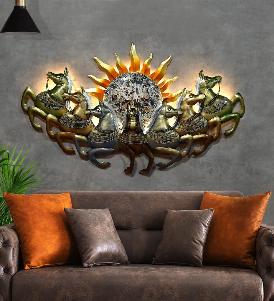 Metal Wall Decor Sun Chariot with Horses LED Backlight, 117x66x8 cm, Handcrafted, Backlit Design for Living Room/Bedroom/Dining Hall/Office/Hotels