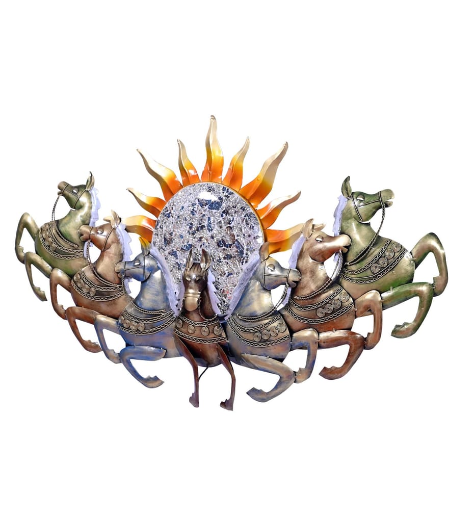 Metal Wall Decor Sun Chariot with Horses LED Backlight, 117x66x8 cm, Handcrafted, Backlit Design for Living Room/Bedroom/Dining Hall/Office/Hotels