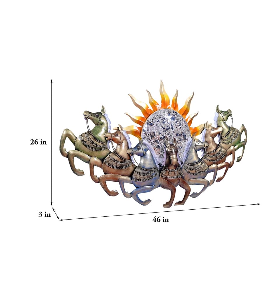 Metal Wall Decor Sun Chariot with Horses LED Backlight, 117x66x8 cm, Handcrafted, Backlit Design for Living Room/Bedroom/Dining Hall/Office/Hotels