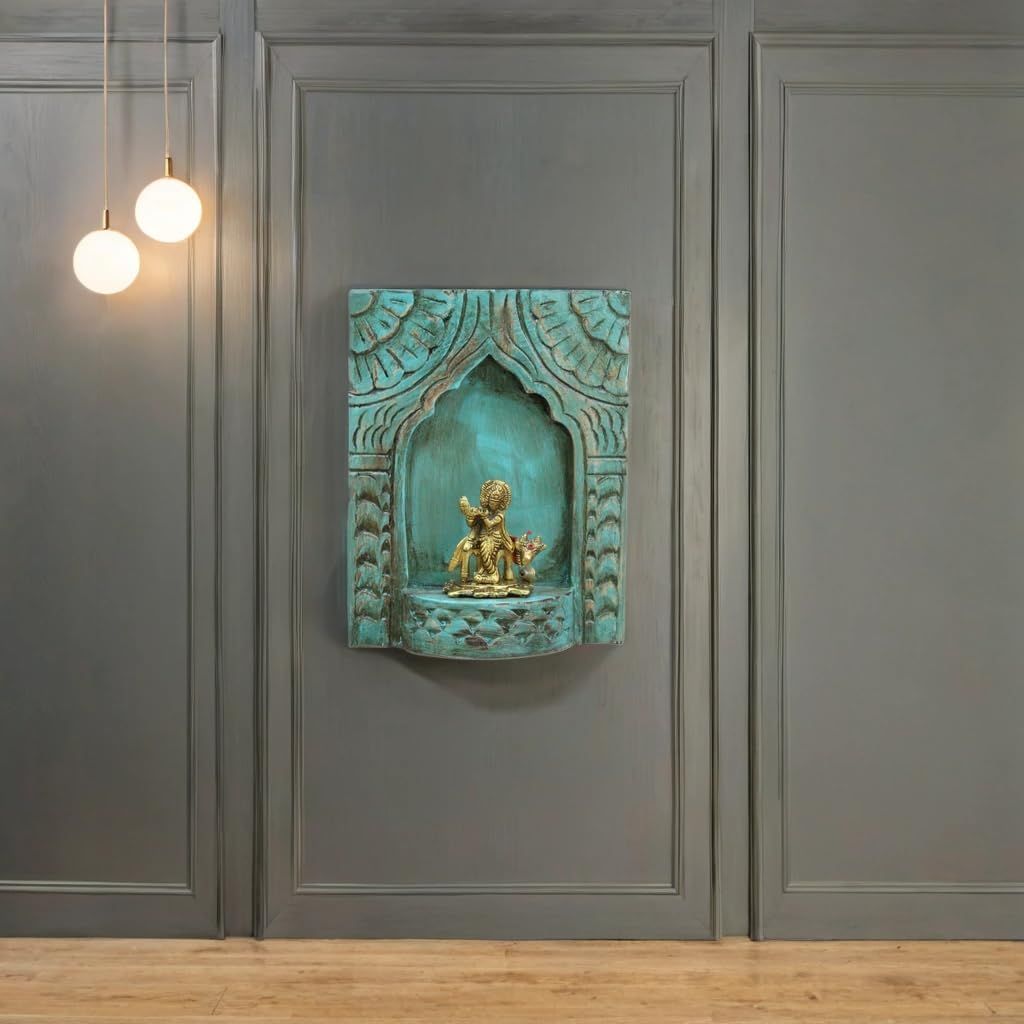 Handcrafted Wooden Wall-Jharokha with Brass Krishna Statue,-Handcrafted Turquoise Wall-Mounted Shrine with Intricate Carvings Pooja Room Decor