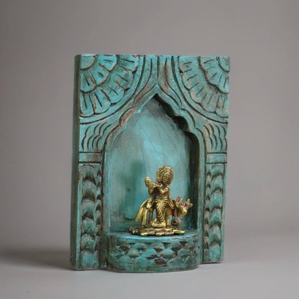 Handcrafted Wooden Wall-Jharokha with Brass Krishna Statue,-Handcrafted Turquoise Wall-Mounted Shrine with Intricate Carvings Pooja Room Decor
